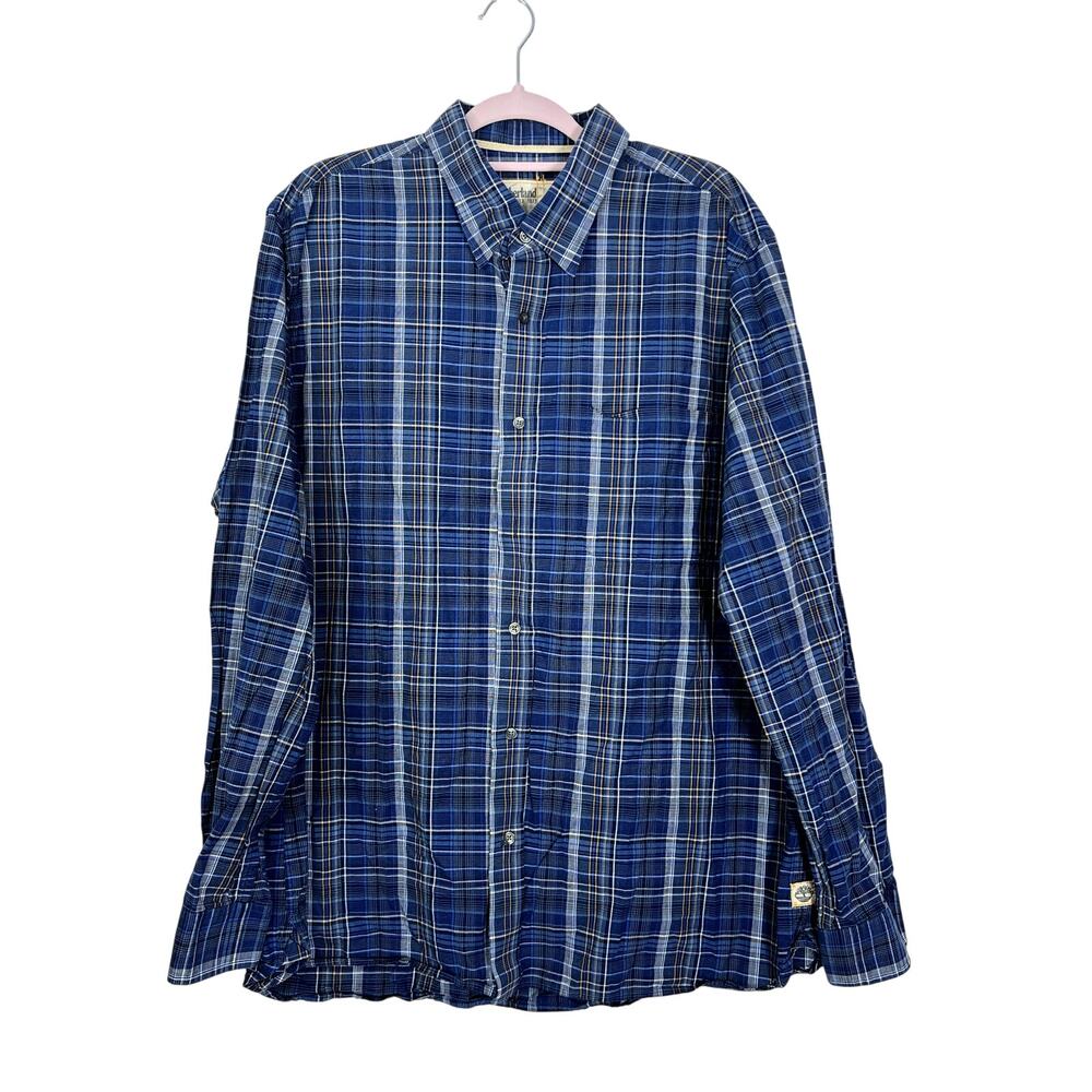 Mens Timberland Americana Outdoorsy Blue Plaid Button Up Long Sleeve Shirt XXL